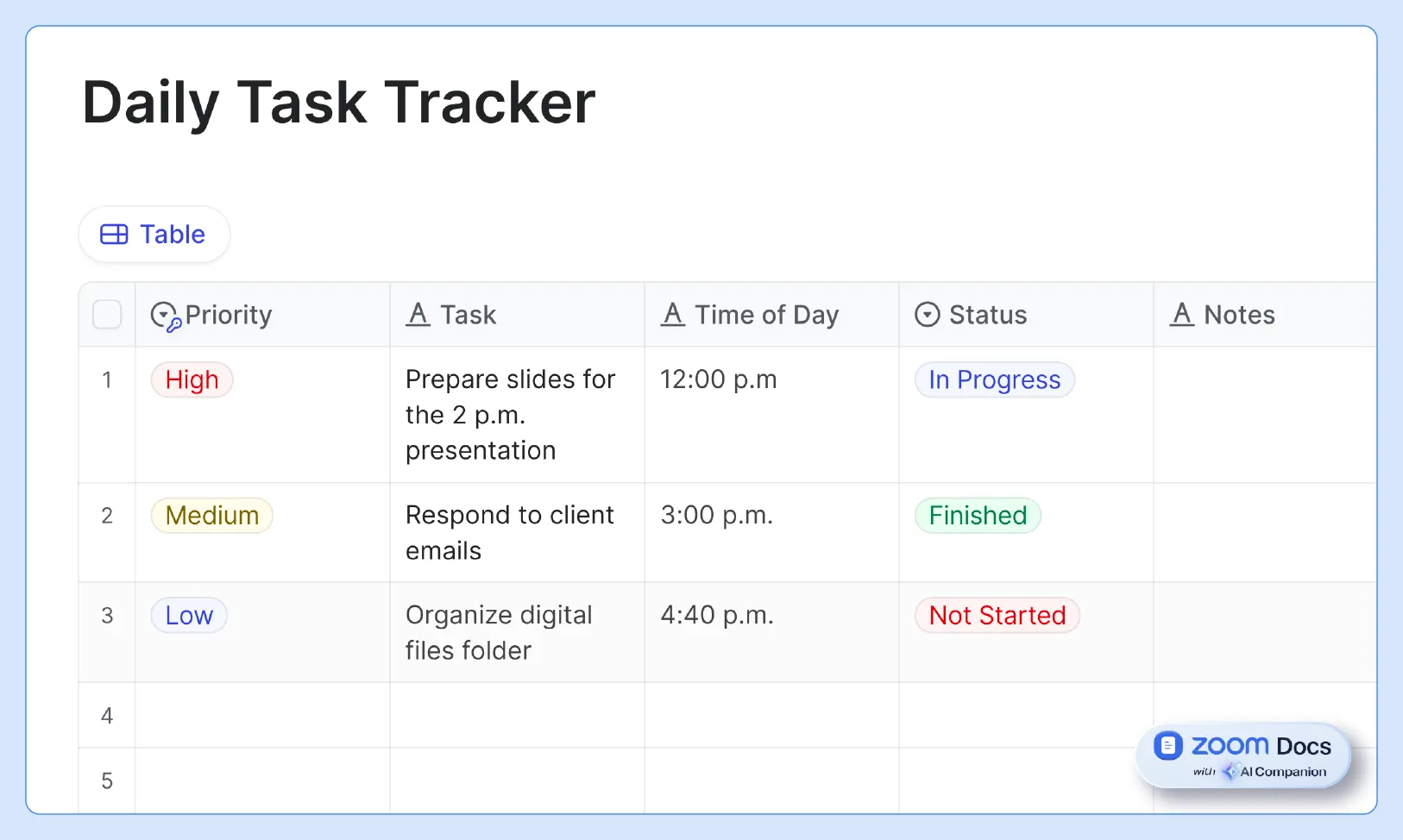 Screenshot of Zoom Docs' daily task tracker template