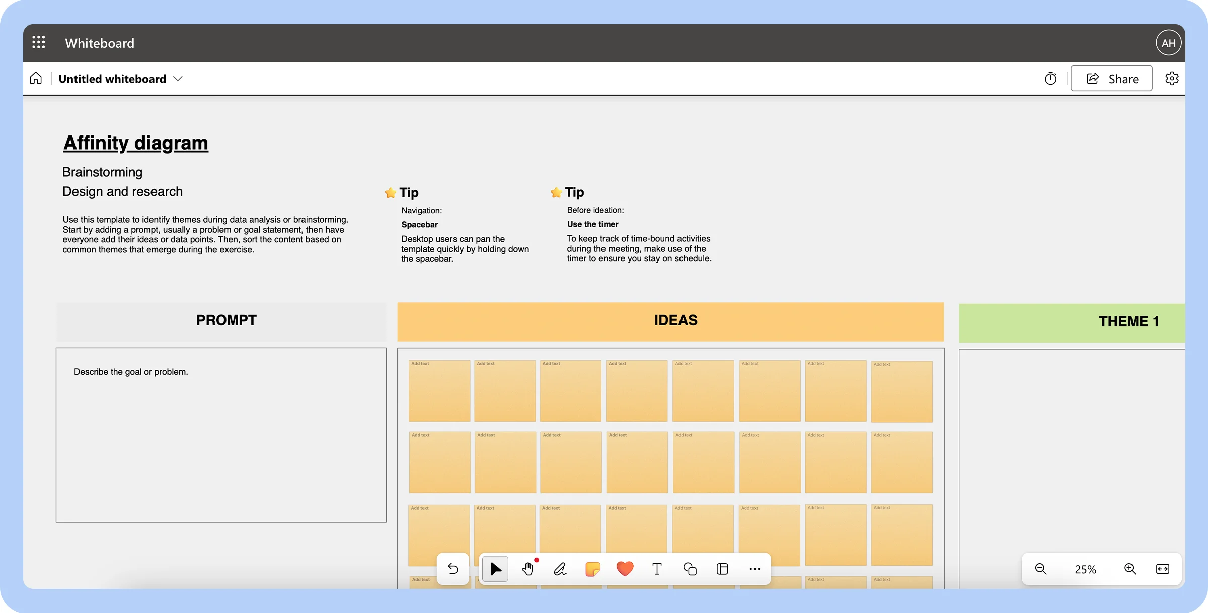 Screenshot of an affinity diagram in Microsoft Whiteboard.