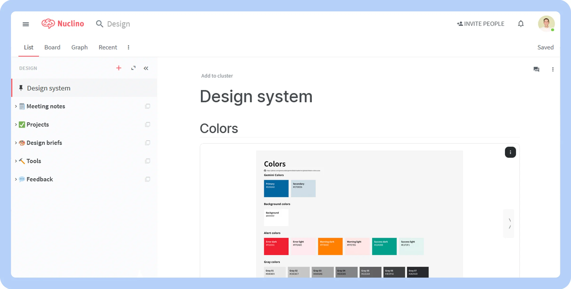 Screenshot of Nuclino&rsquo;s design system template.