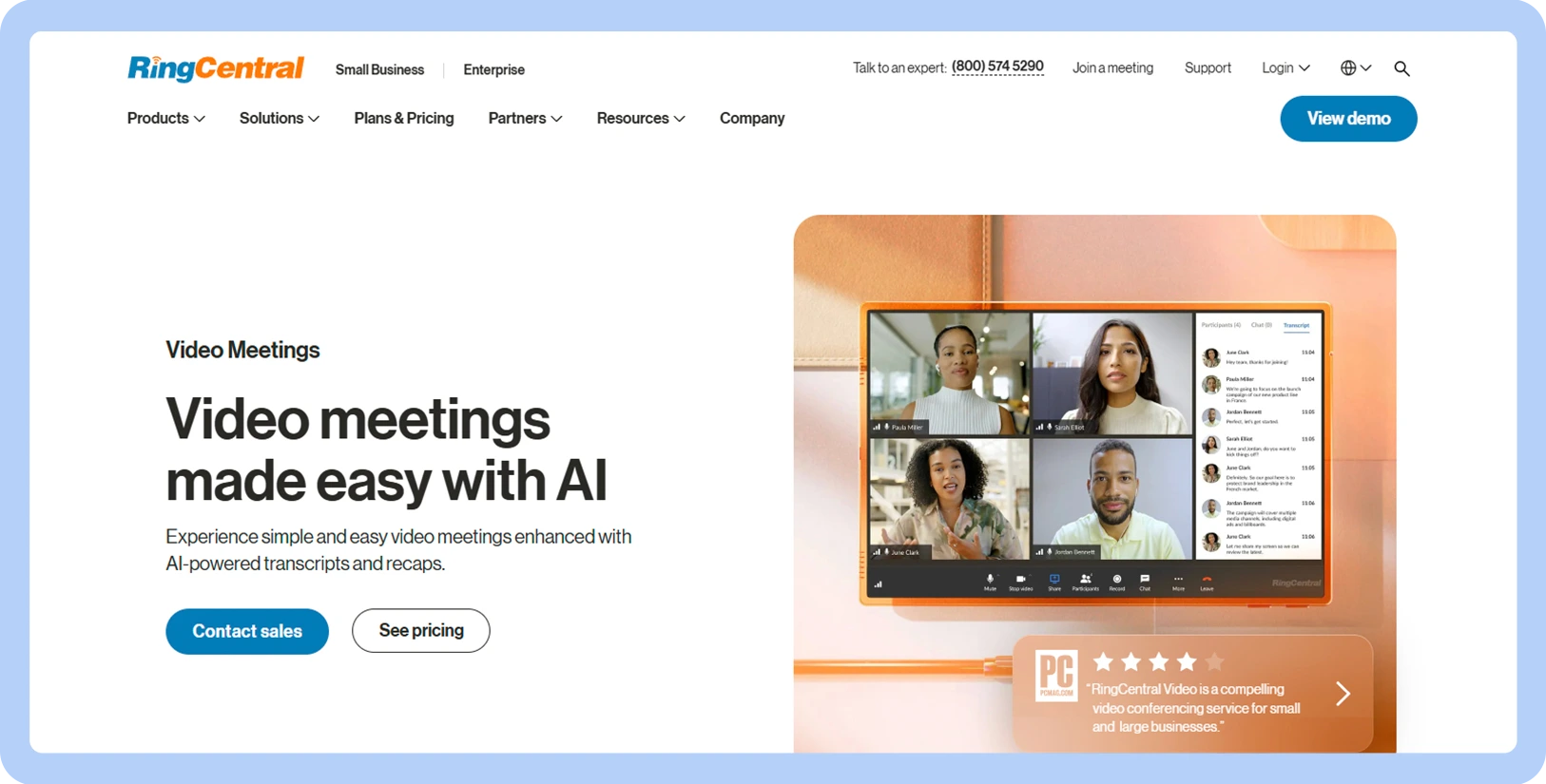 Screenshot of RingCentral website