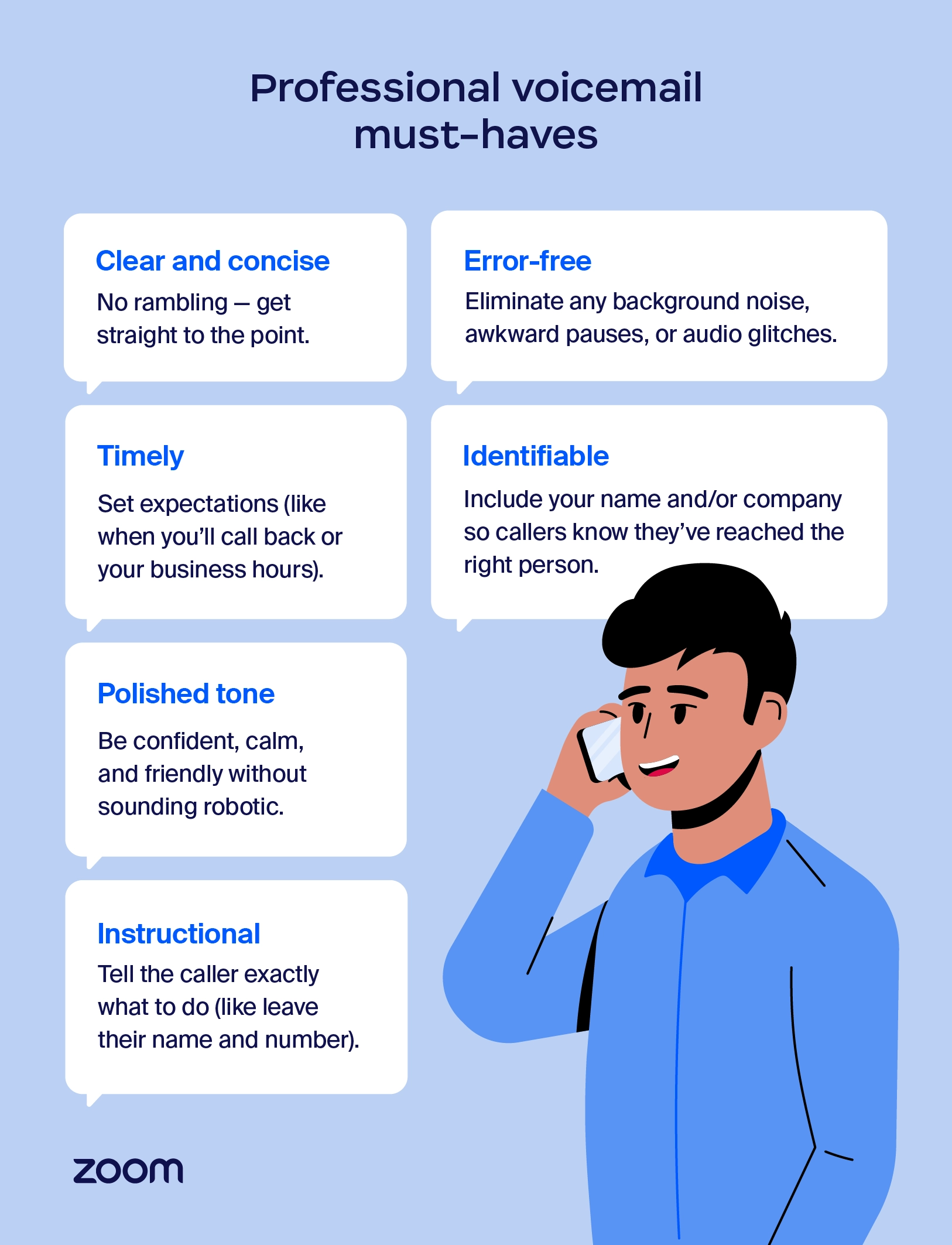 Professional voicemail must-haves, including a polished tone and instructional steps.